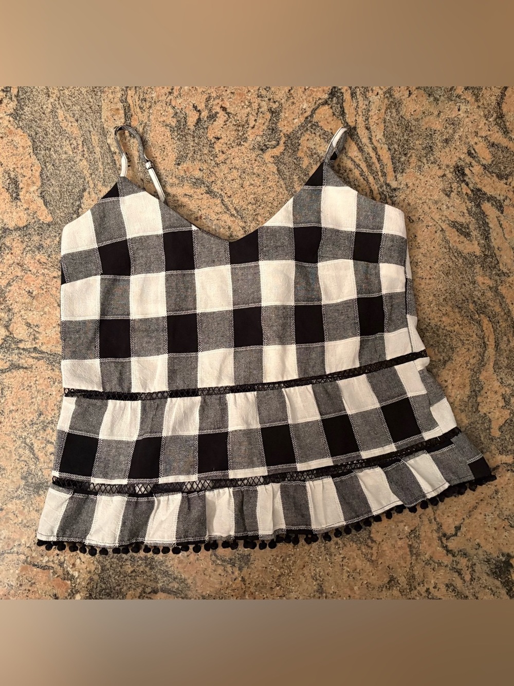 Heartloom Black and White Gingham Spaghetti Strap Peplum Top
